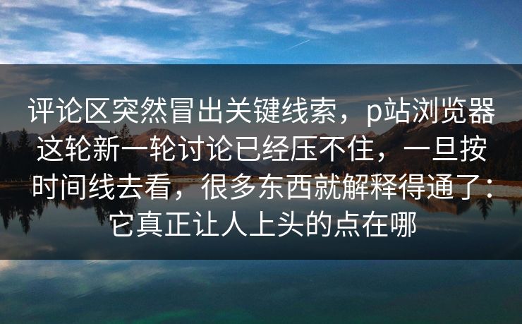 评论区突然冒出关键线索，p站浏览器这轮新一轮讨论已经压不住，一旦按时间线去看，很多东西就解释得通了：它真正让人上头的点在哪